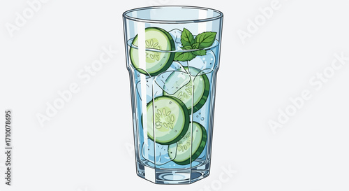 Refreshing cucumber water drink with ice in glass, served cold, thirst-quenching. Cucumber water includes sliced cucumbers, ice cubes, and fresh mint leaves for added taste and health benefits,