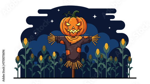 Spooky Scarecrow in the Cornfield: A menacing jack-o'-lantern-headed scarecrow watches over a vast cornfield under a starlit night sky.