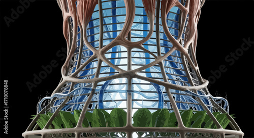 Vertical farm structure, concepto para el cultivo de cosechas en entornos urbanos, mostrando hidroponía, with plants growing, inside farm building. Vertical farm structure,