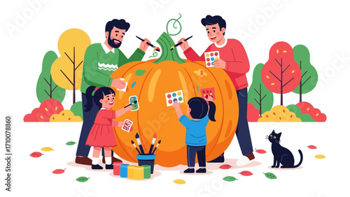 Pumpkin Patch Joy: A family affair with father and children engage in a shared moment, painting and decorating a massive pumpkin, capturing the essence of togetherness and seasonal celebration. 