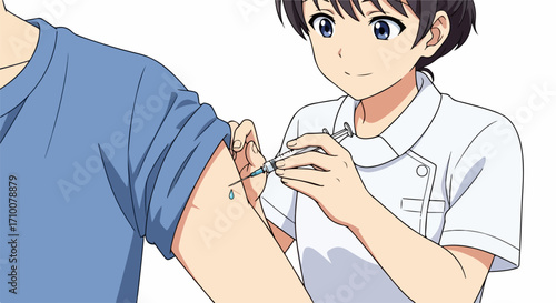 Vaccination shot given by medical professional, injection, as part of health care with arm and syringe. Vaccination shot given by medical professional, injection,