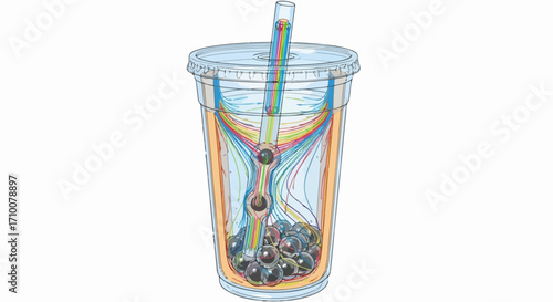 Refreshing bubble tea illustration in transparent plastic cup, Creative bubble tea graphic features tapioca pearls, layered colored liquids, and straw for drinking.
