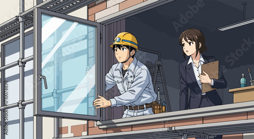Construction worker and engineer inspecting window installation together on construction site, Fensters Einbau umfasst Sicherheitsmaßnahmen und Präzision,