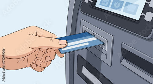 Inserting credit card, inserting credit card into atm machine to withdraw cash in bank, financial transaction complete. Inserting credit card to get money is convenient,