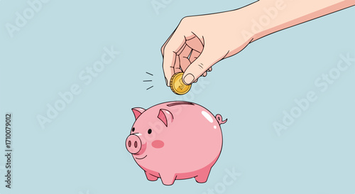Saving money in piggy bank depicted with a hand inserting coin into savings and "Saving money in piggy bank".