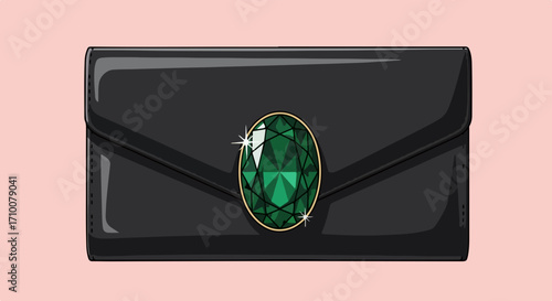 Black clutch for evening, shiny elegant accessory, elegant black clutch with emerald jeweled clasp is ideal for an evening event.