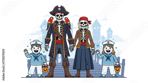 Halloween Pirate Family: This vibrant vector illustration depicts a spooky yet cheerful pirate family ready for Halloween festivities.