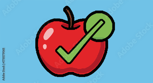 Red apple check mark shows acceptance, confirmation, and approval. Red apple check mark icon, showing positive choice, symbolizes good result, quality, and success.