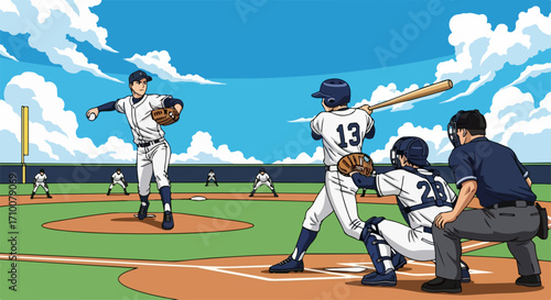 Cartoon baseball match, also known as Cartoon baseball match in outdoor stadium under cloudy sky with batter ready to hit and catcher waiting behind, shows action on baseball field,