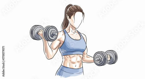 Fitness training illustration of a strong woman doing arm exercises, fitness training illustration featuring defined abs and muscles. Weightlifting and bodybuilding,