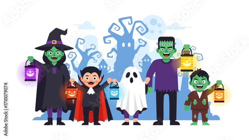 Halloween Celebration: A whimsical illustration of classic Halloween figures. A witch, vampire, ghost, Frankenstein's monster, and zombie kid gather.