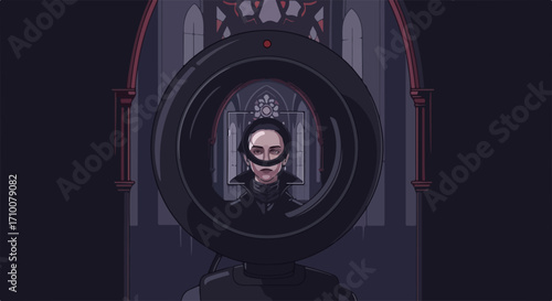 Goth girl in frame creating edgy composition featuring church and dark aesthetic, framed in black. Goth girl in frame enhances scene of mysterious woman with dramatic window,