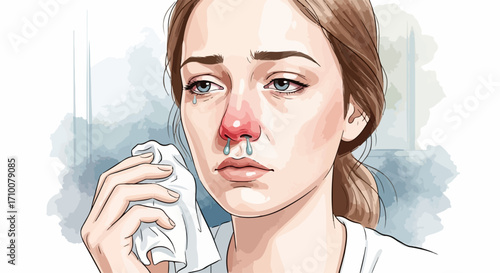 Woman with a red nose con un piercing sosteniendo un pañuelo que sugiere síntomas de gripe, sintiéndose mal. Woman with a red nose looks like she has nasal congestion, sick woman, feeling unwell,