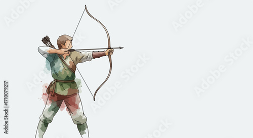 Archer illustration of medieval warrior aiming arrow with bow, drawing back with focus and precision. Archer readies projectile for shot, embodying historical fighting stance.