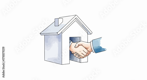 House sale handshake with hand entering symbolic house to complete real estate deal. Successful house sale for confident buyer, happy with house purchase and smooth process.