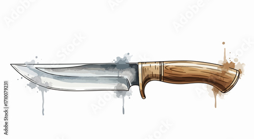 Hunting knife illustration featuring a shiny blade and wooden handle, presented with watercolor splatter effects. Hunting knife illustration on white background,