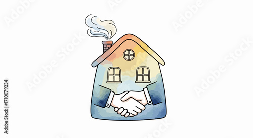 House sale agreement depicted in a watercolor painting with a house figure shaking hands. This house sale agreement illustration showcases real estate deal completion with handshake, chimney,