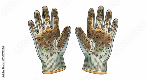Dirty gloves for gardening on white background, showing signs of work and soil. Dirty gloves used for gardening tasks involving digging and planting. Conceptual dirty gloves symbolize hard work,