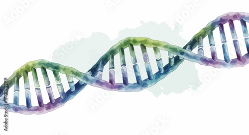 Watercolor dna helix on white background for scientific illustration. Watercolor dna structure shows genetic code with abstract forms, creating artistic impression of scientific concept.