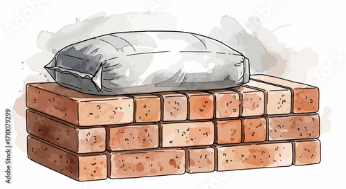 Bag of cement rests atop a pile of bricks, conveying construction material, a common construction material for building projects.