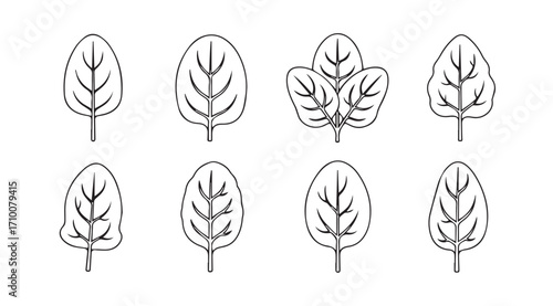 Collection of stylized leafy tree silhouettes in a simple outline style