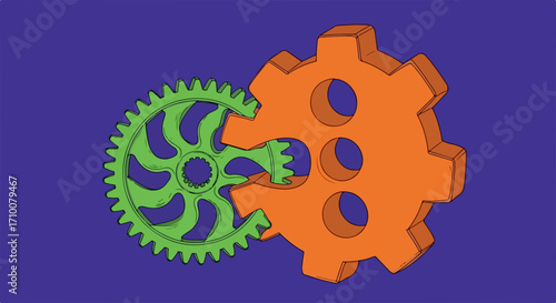 Visual representation of interlocking gears in green and orange on blue background. Conceptual illustration of interlocking gears shows mechanism and mechanical elements working together.