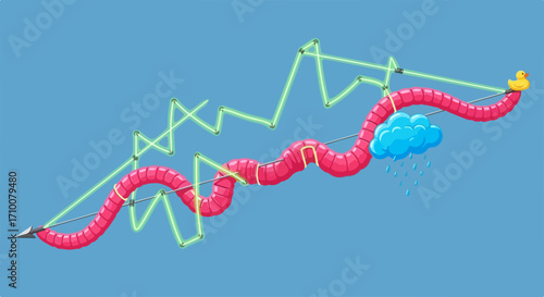 Pink worm crawling towards happiness represented by yellow duck on blue background. This cartoon worm crawling is part of abstract scene.