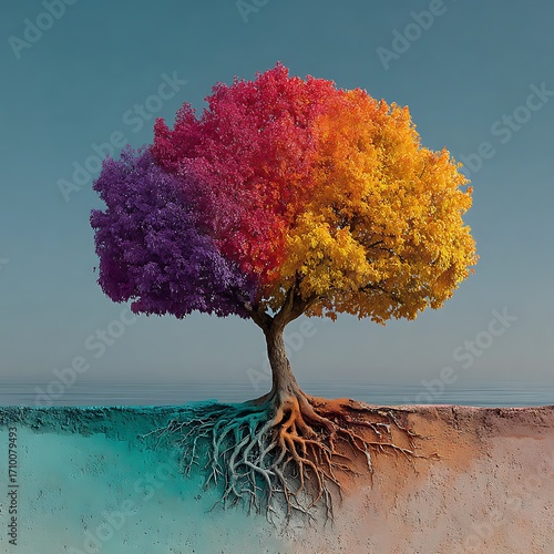 Artistic fantasy tree blending colors of rainbow high resolution picture