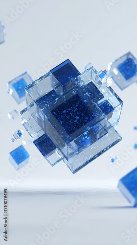 Transparent blue cubes floating in space, forming a geometric structure with internal blue particles