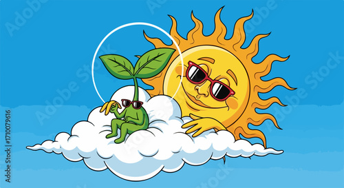 Cartoon sun with sunglasses enjoying vacation, featuring plant sprout lounging on cloud. Cartoon sun having fun, with happy plant character soaking up rays on fluffy white cloud and bright, clear sky.