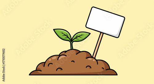 New growth depiction featuring green sprout in soil with blank sign. New growth emerges representing freshness and renewal, with organic soil adding realism to this conceptual scene.