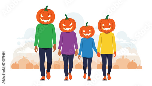 Halloween Family: A vibrant illustration of a family with carved pumpkin heads, dressed in colorful attire, celebrating Halloween's spirit.