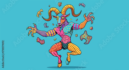 Colorful goat design with vibrant patchwork patterns on light blue background. Goat artwork features bizarre animal with surreal geometric shapes. Concept colorful goat design for vibrant wall art,