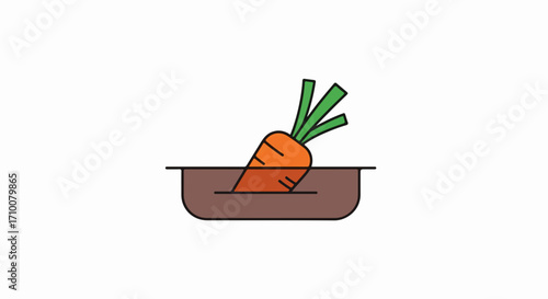 Carrot in soil, illustration with vibrant orange carrot and green leafy tops peeking out from dark brown soil. Carrot concept represents healthy eating and gardening.