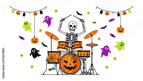 Spooky Beats: A skeletal drummer commands the stage, surrounded by festive Halloween decorations, ready to infuse a haunting rhythm into the night. 