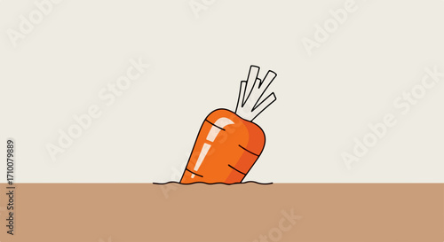 Freshly pulled carrot planted in brown ground, showing vibrant color and natural appearance. Bright carrot freshly pulled symbolizes healthy eating and is visually appealing.