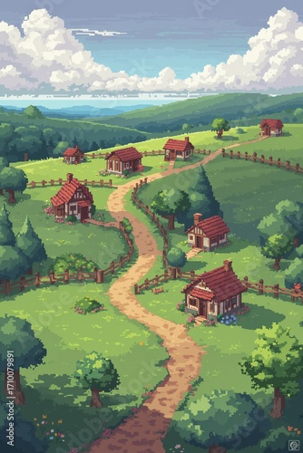 Wallpaper Mural An 8-bit pixel art village scene with small cottages lined along a winding dirt path, surrounded by vibrant green fields and soft pastel skies. Gentle details like flowers, fences, Torontodigital.ca