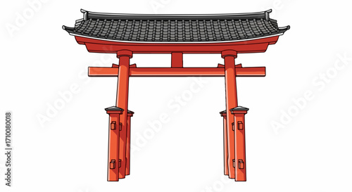 Japanese gate illustration featuring a traditional torii gate, with a black roof, resting peacefully on a white background. Japanese gate with a traditional torii design is presented,