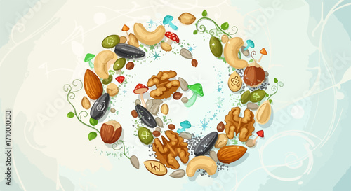 Assorted nuts in decorative spiral create an appealing composition, ideal for wholesome snack promotions. This spiral of nuts presents diverse types like cashews, walnuts, almonds,