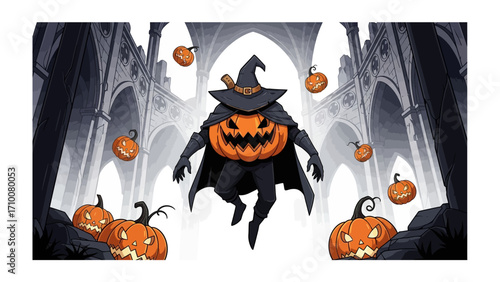 Spooky Witch Pumpkin: An animated scene features a witch-pumpkin in a classic gothic church setting, surrounded by various jack-o'-lanterns, bringing eerie atmosphere