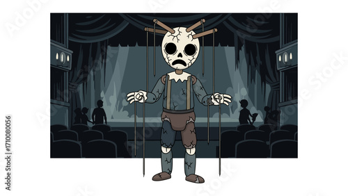 Puppet on Stage: A spooky puppet stands center stage, strings dangling, in a darkened theater. With a skeletal face and eerie presence, this illustration hints at mystery and suspense.