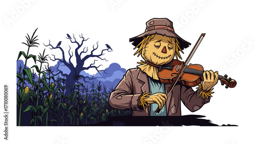 Serene Scarecrow Melody: A heartwarming scene of a cheerful scarecrow playing a violin in a whimsical setting, bringing music to a twilight cornfield.