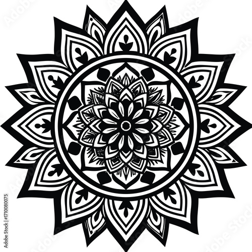 Intricate black outline indian rangoli mandala with geometric floral patterns