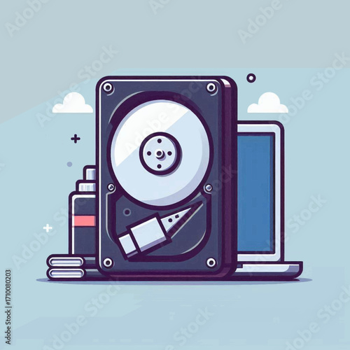 Hard drive laptop and other devices against a pale blue background