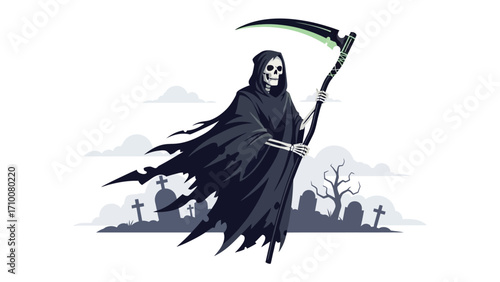 Grim Reaper's Embrace: A chilling illustration captures the Grim Reaper, a symbol of mortality, standing in a desolate graveyard with a scythe. It's a visual reminder of life's inevitable end. 