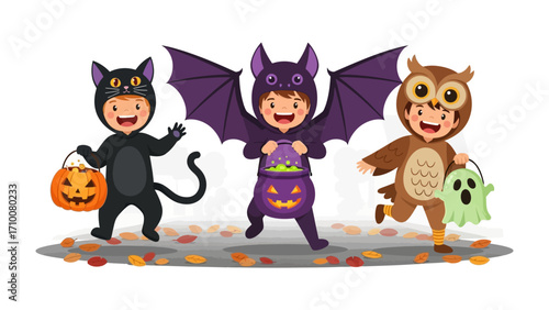 Halloween Costume Kids: The image shows the vibrant essence of Halloween, featuring three children, each adorned in distinct and adorable costumes.