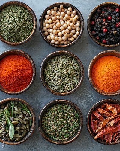 Assorted dry herbs in traditional rustic bowls high resolution picture