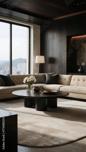 Modern living room with sectional sofa, round coffee table, and large windows overlooking cityscape