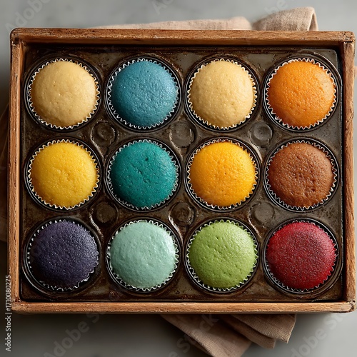 Assorted colorful frosted cupcakes arrangement high resolution picture