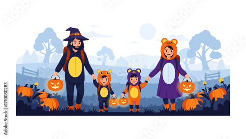 Halloween Family Fun: A delightful scene of a family dressed up in costumes for Halloween, smiling as they walk holding pumpkin bucket. The warm colors evoke joy and excitement.